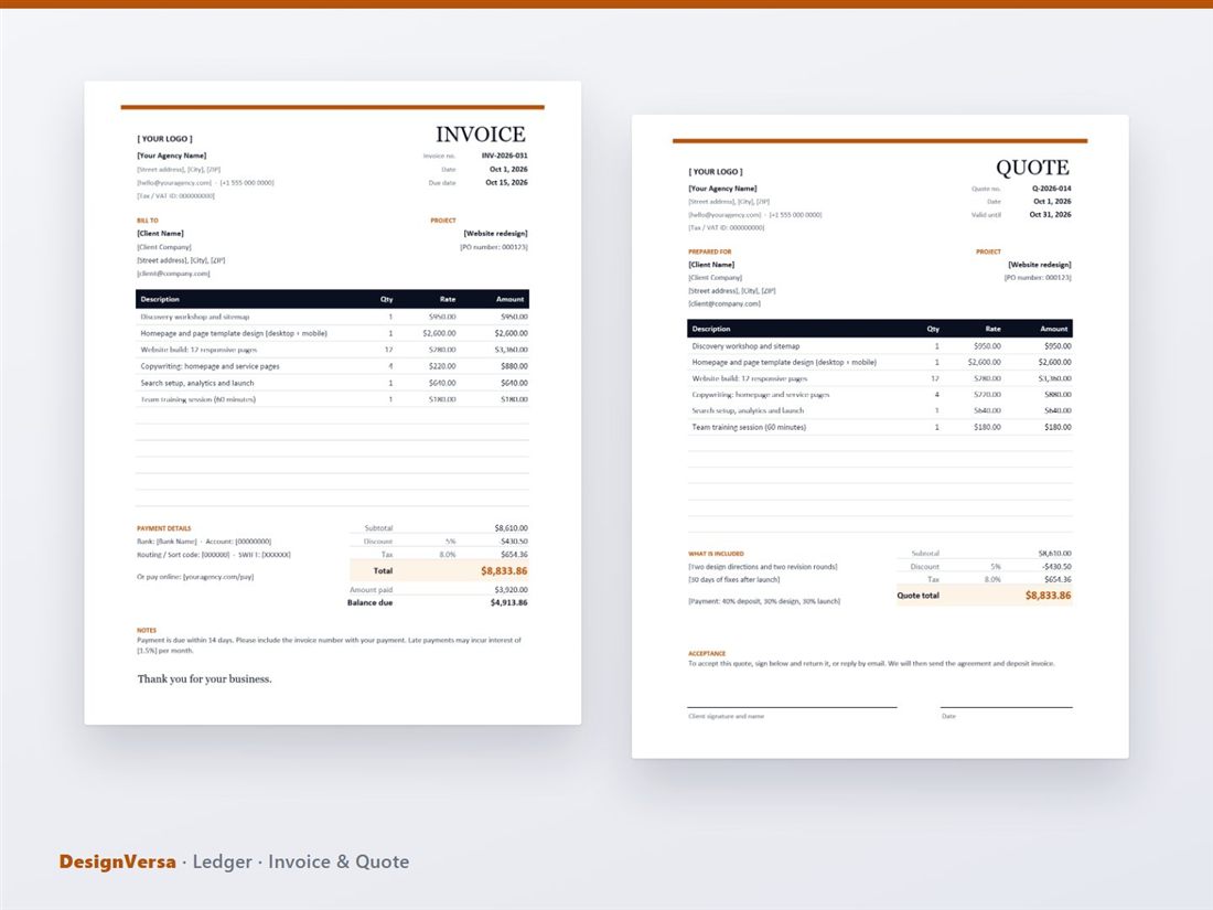 An invoice and a quote template side by side with automatic totals