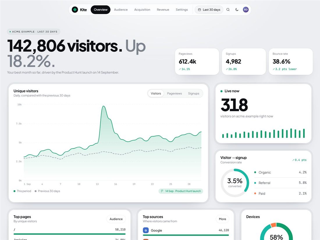 Overview page of the Kite free admin dashboard template with charts and statistics