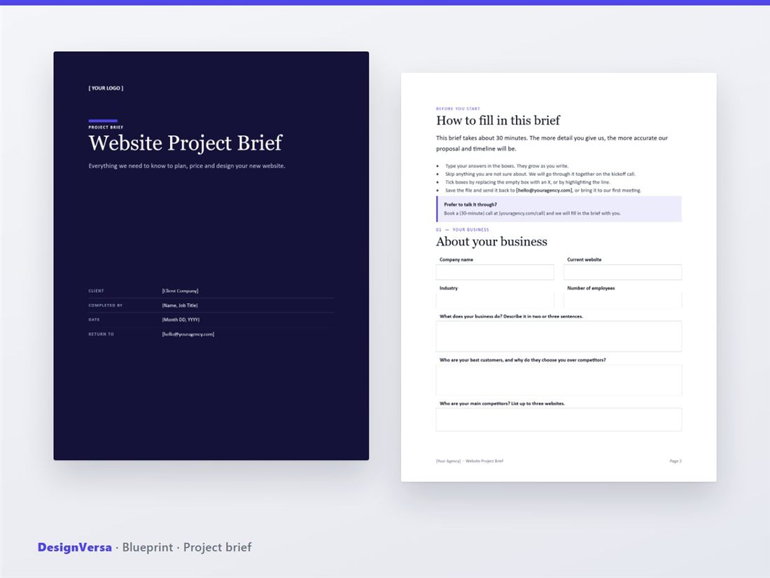 A website project brief with fill-in answer boxes for goals, audience and features