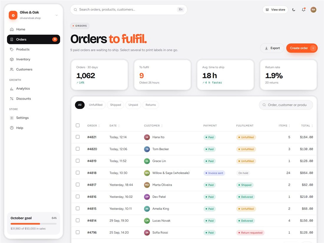 An e-commerce admin dashboard orders table with filters, status badges and summary cards