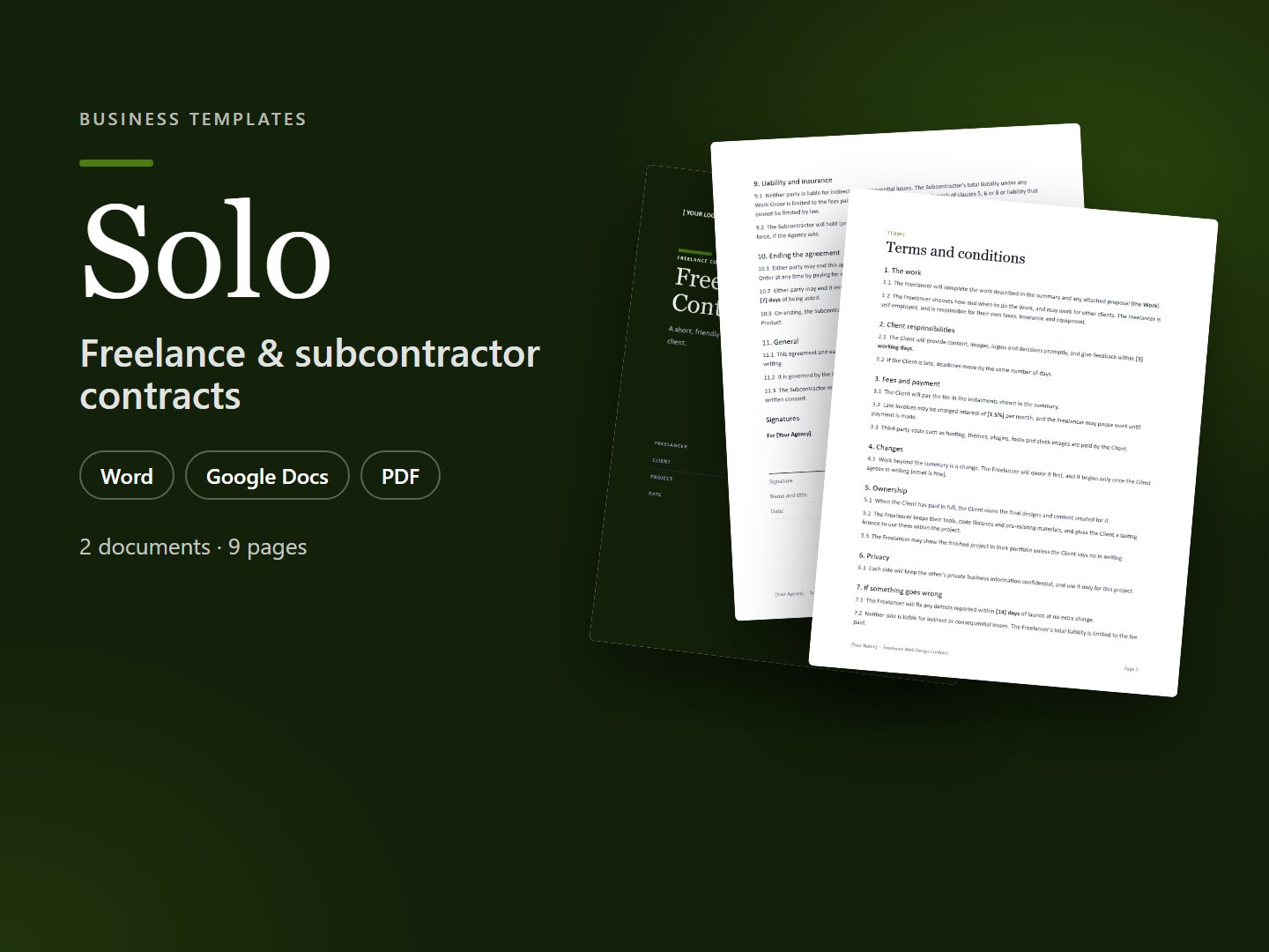 Solo – Freelance Web Designer Contract & Subcontractor Agreement (Word & PDF)