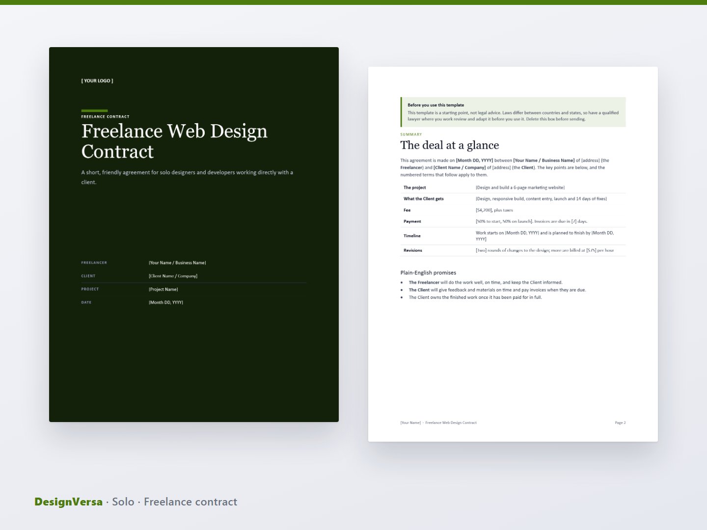 Solo – Freelance Web Designer Contract & Subcontractor Agreement (Word & PDF)