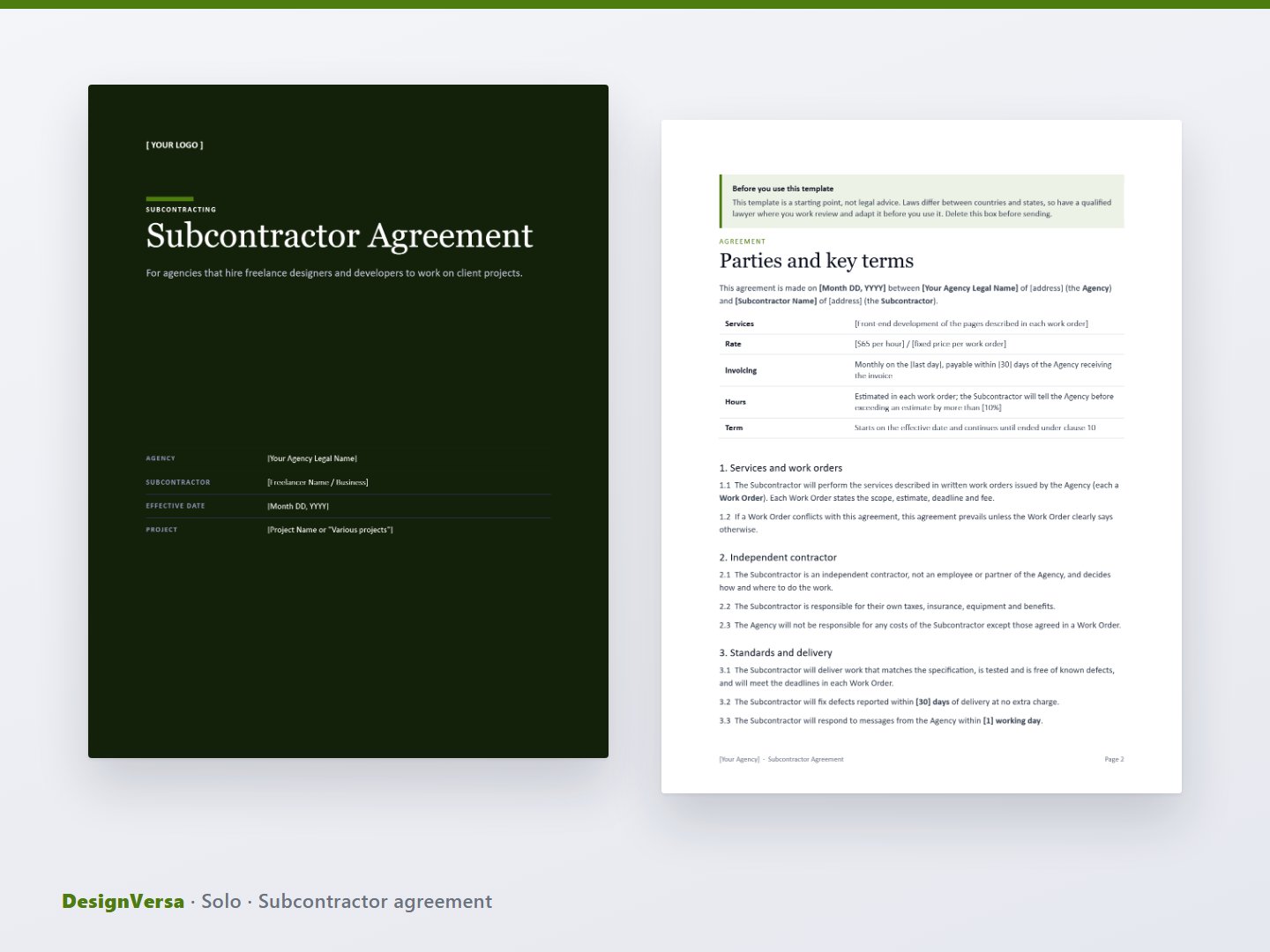 Solo – Freelance Web Designer Contract & Subcontractor Agreement (Word & PDF)