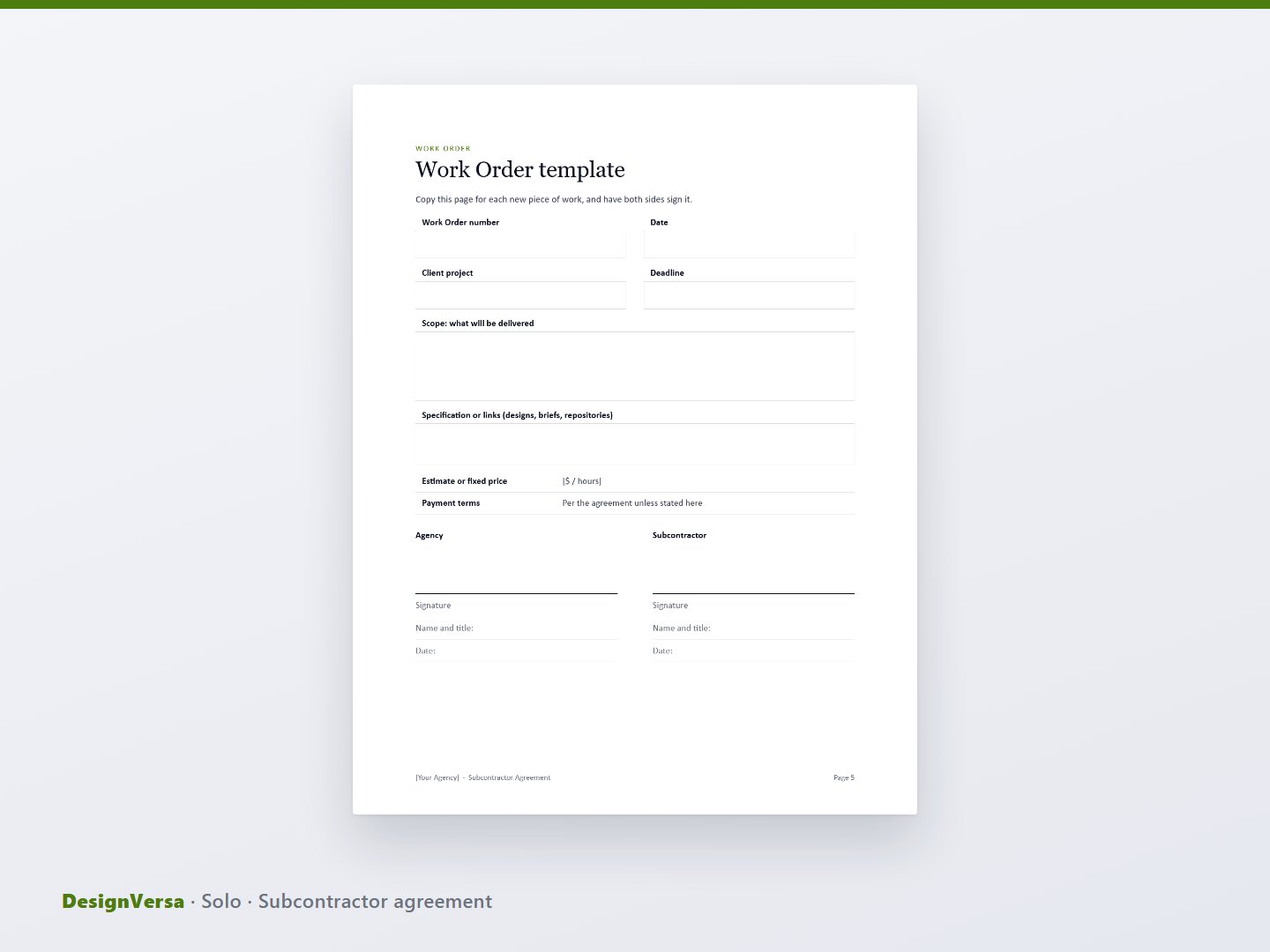 Solo – Freelance Web Designer Contract & Subcontractor Agreement (Word & PDF)