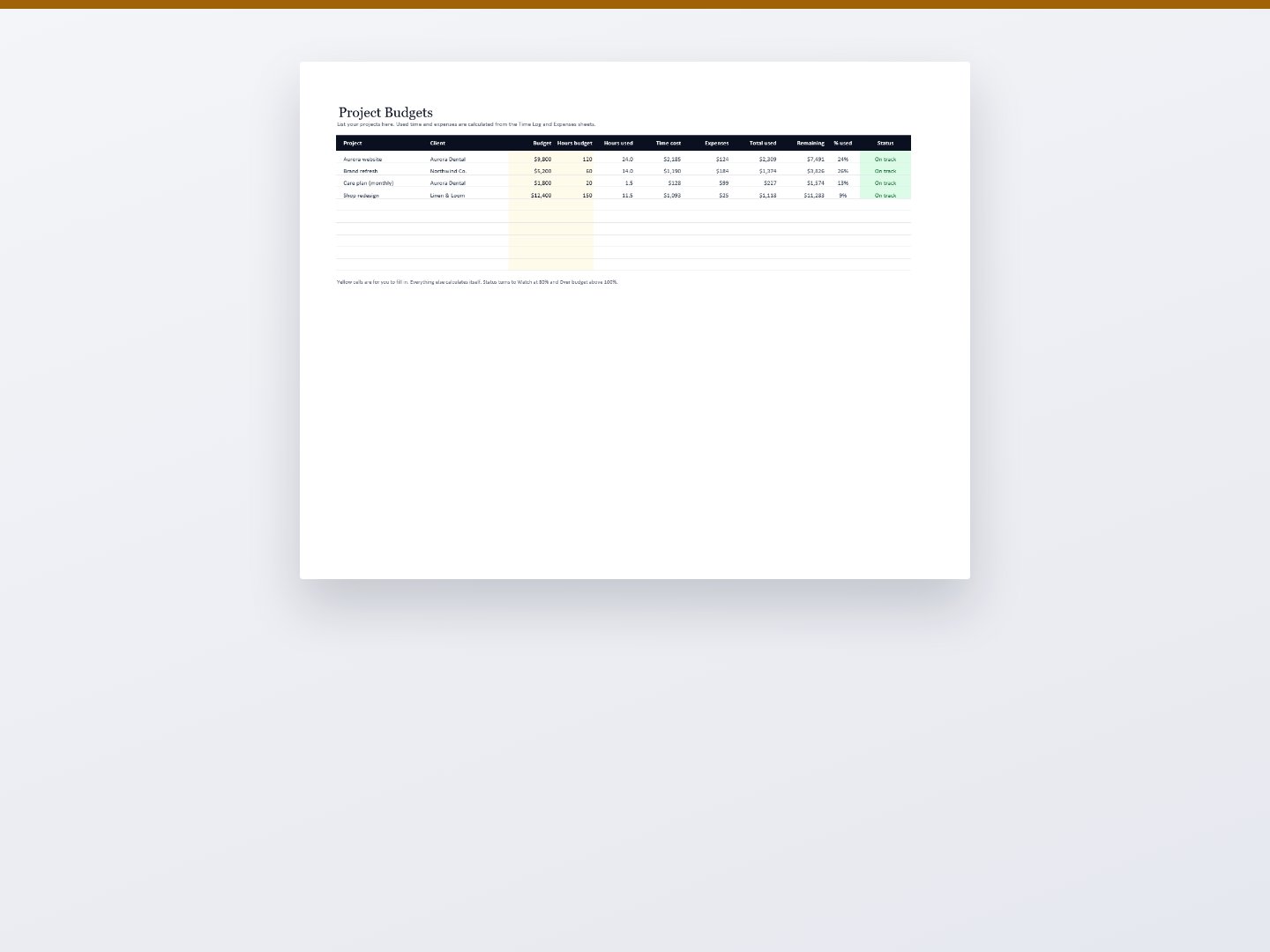 Tally – Time, Expense & Project Budget Tracker (Excel & PDF)