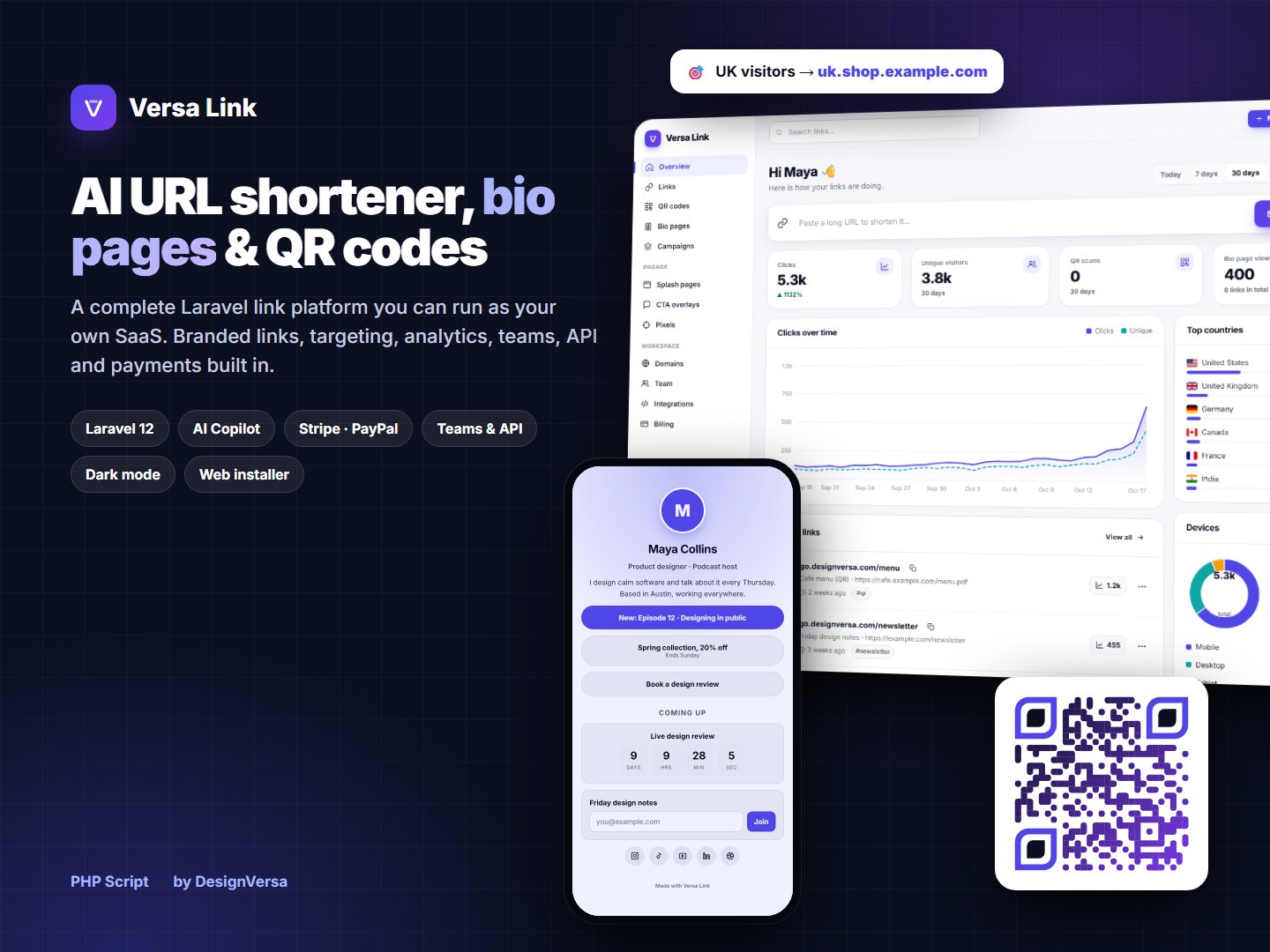 Versa Link – AI URL Shortener, Bio Pages & QR Codes (Laravel PHP Script)