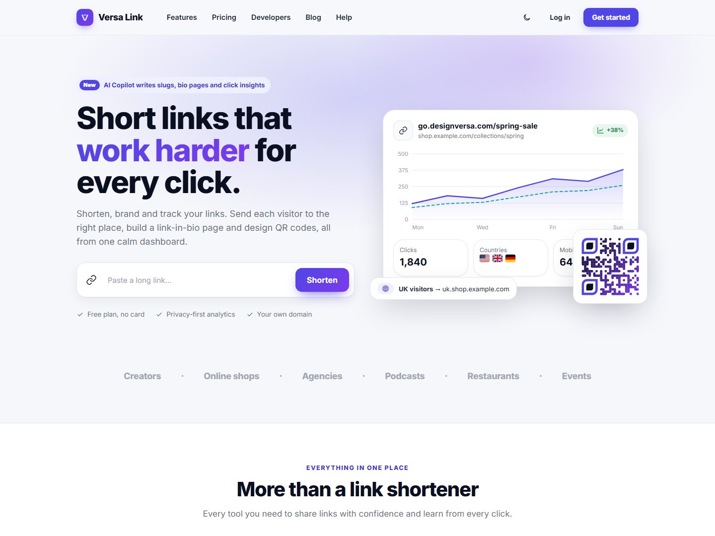 Versa Link – AI URL Shortener, Bio Pages & QR Codes (Laravel PHP Script)